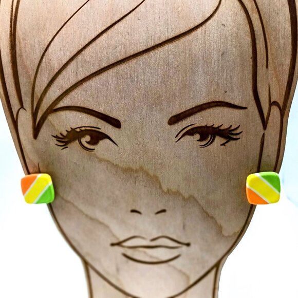 Vintage Square Sherbet Striped Earrings, Summer Studs - Picture 1 of 4